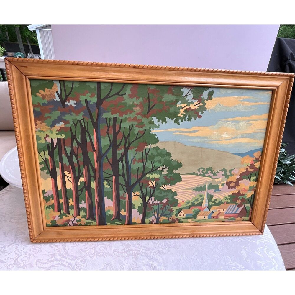 Landscape paint by numbers church in the background vintage paint by number
